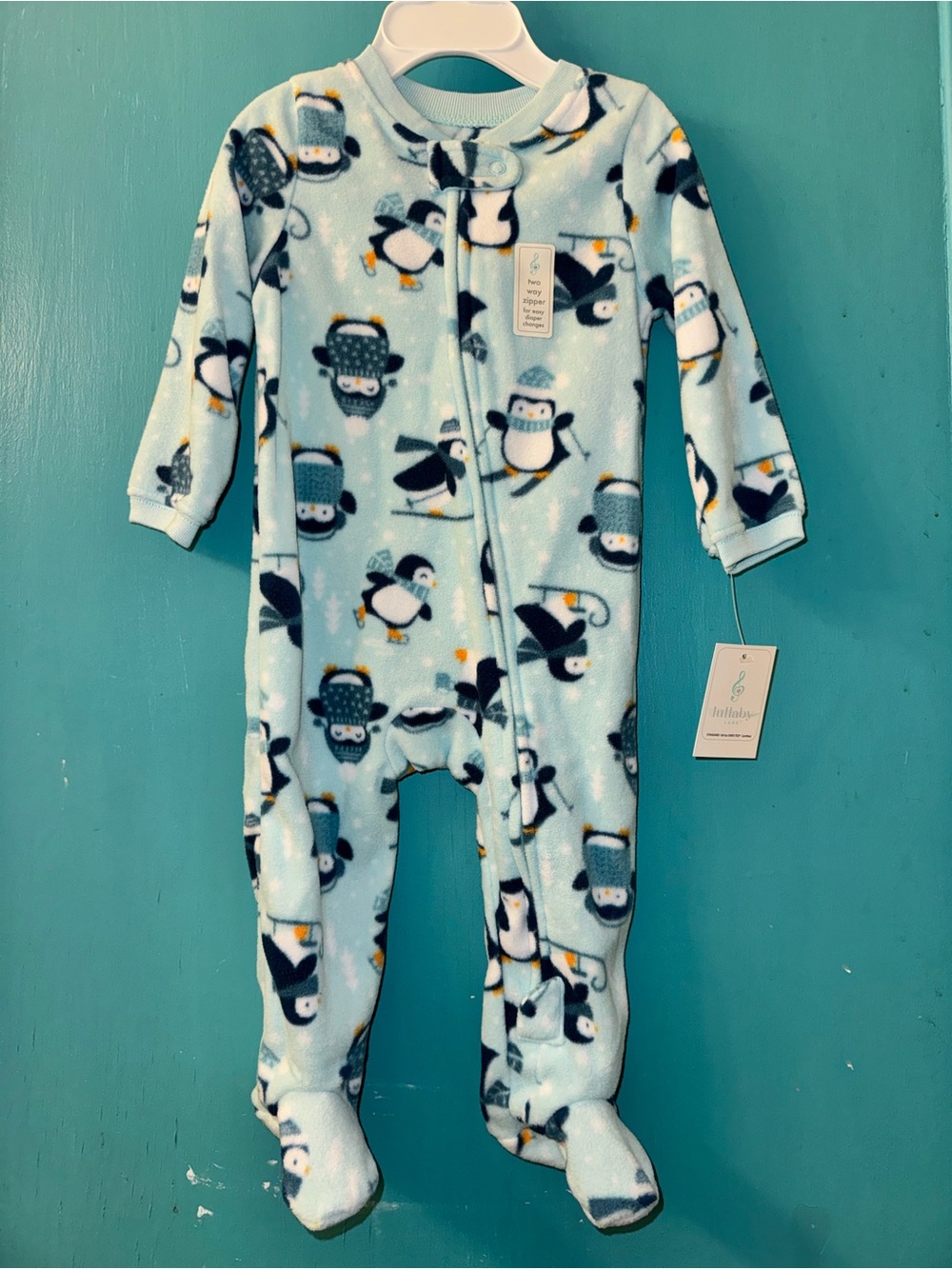 Light Blue Penguin Fleece Footie One-Piece for Kids